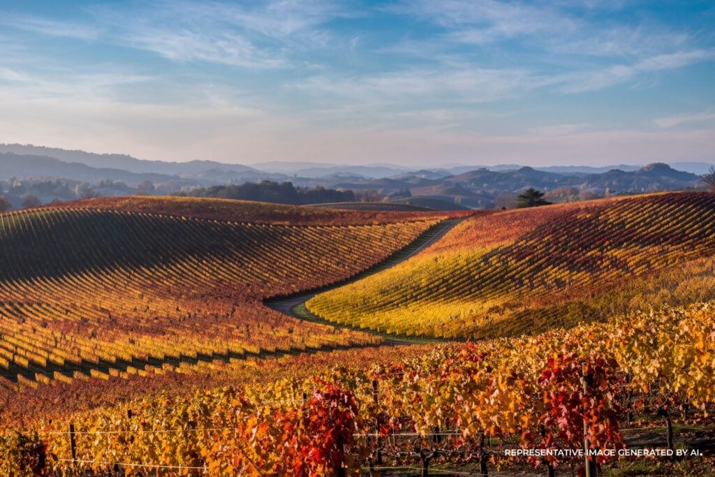 An AI representative photo of Napa Valley vineyards in autumn, displaying rich red, gold, and amber tones across softly sloping hills.