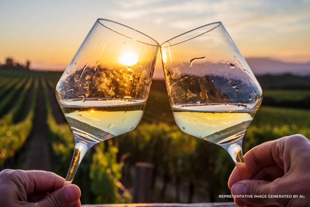 An AI representative photo of two wine glasses clinking at sunset over Napa Valley vineyards, with the sun glowing through the glasses and a romantic ambiance.