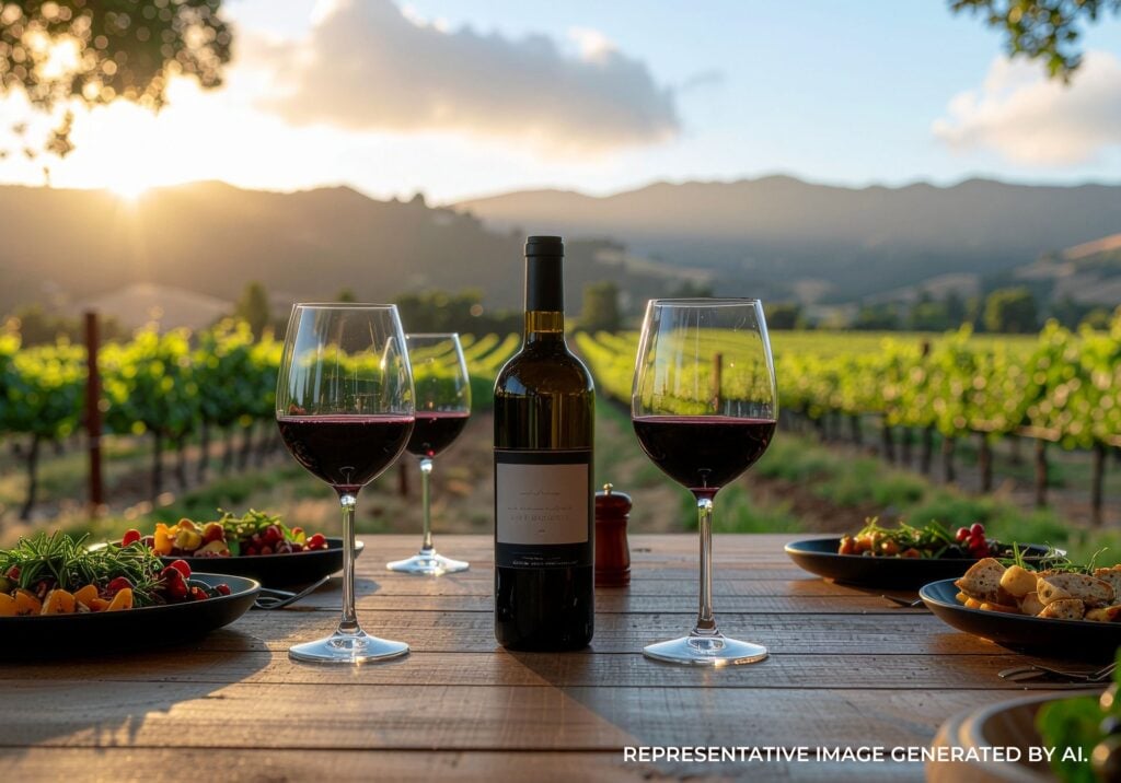 Outdoor dinner table with wine glasses overlooking vineyards at sunset in Napa Valley