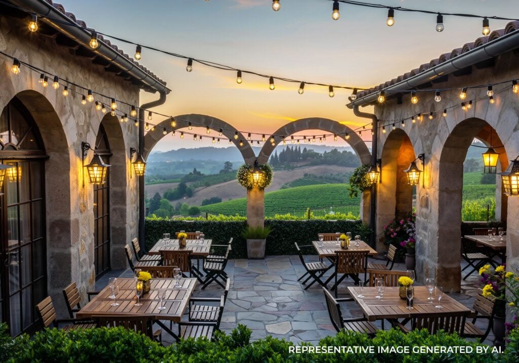 Stone courtyard dining area with vineyard views and warm evening lighting