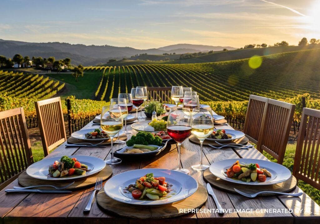 Long wooden dining table set with plates and wine overlooking Napa Valley vineyards