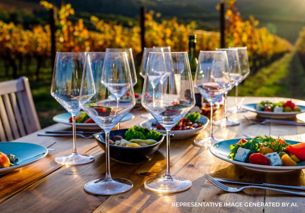 Close up of wine glasses and dinner plates on an outdoor vineyard dining table