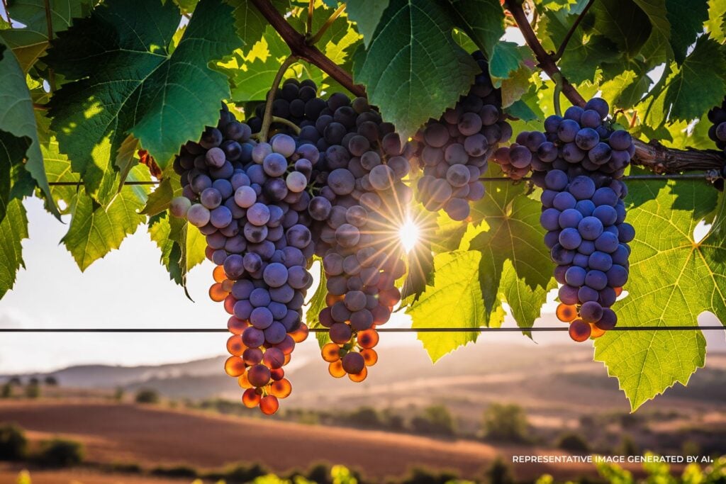 An AI representative photo of ripe purple grape clusters hanging from vines in Napa Valley, sunlight shining through green leaves with rolling vineyard hills in the background.