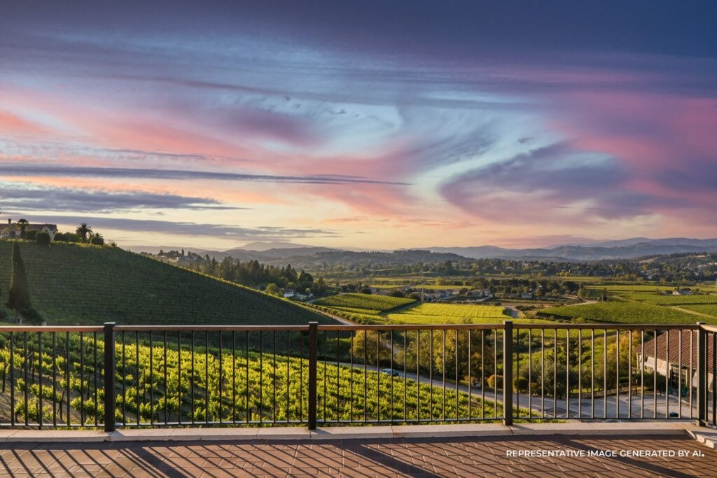 An AI representative photo of a scenic overlook above Napa Valley vineyards, showing sweeping green hills and pastel evening skies.