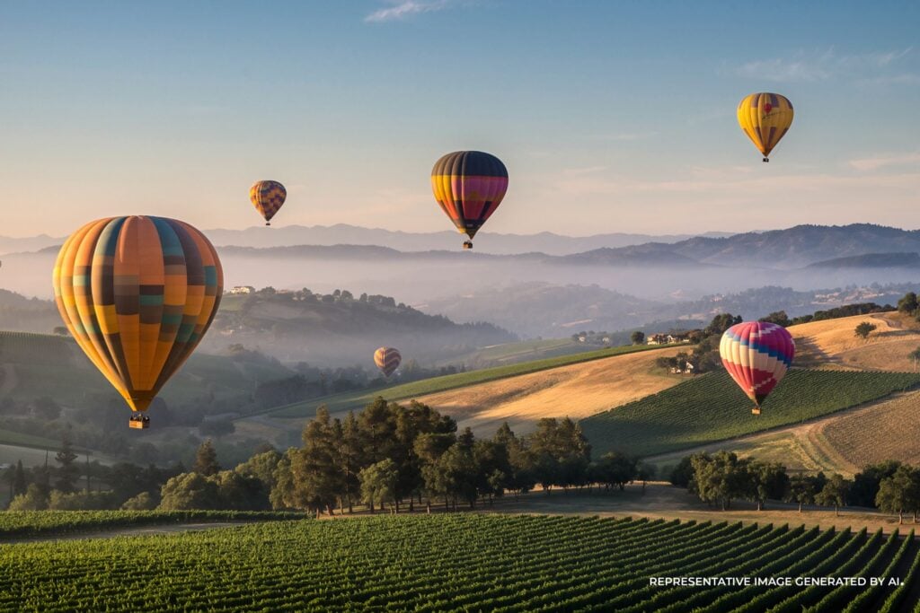An AI representative photo of colorful hot air balloons floating above Napa Valley vineyards at sunrise, with rolling hills and a soft morning haze.s