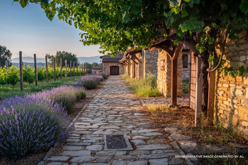 An AI representative photo of a rustic stone path lined with grapevines and lavender leading to a Napa Valley winery under golden morning light.