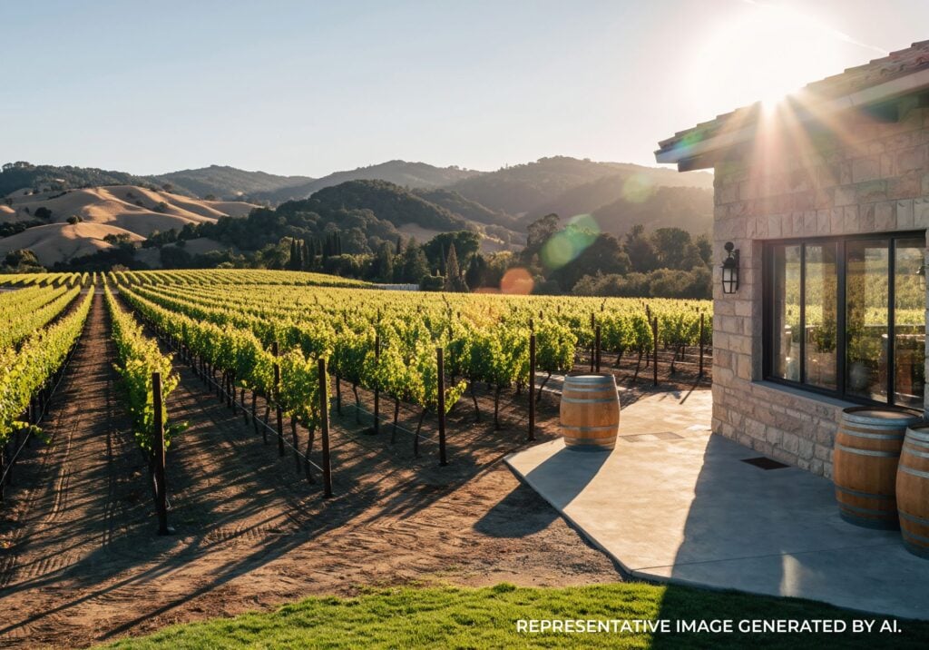 Vineyard rows lit by golden hour sunlight with a winery building nearby