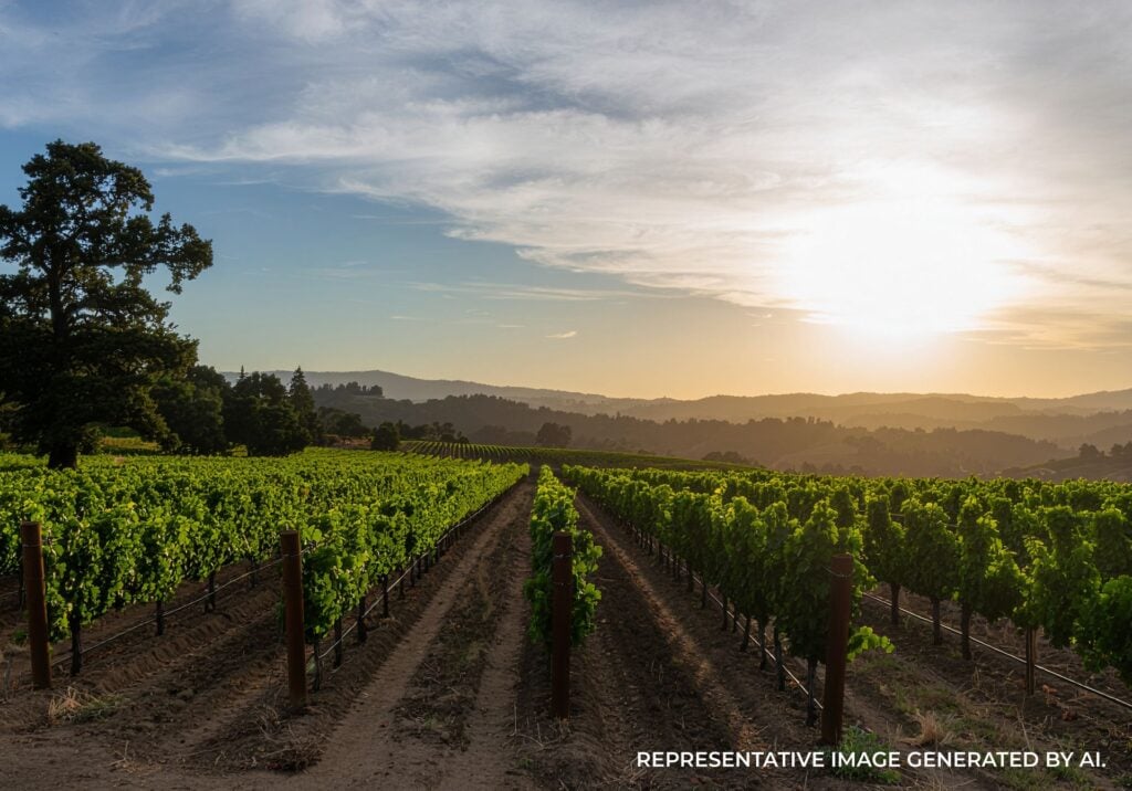 Vineyard rows at sunrise with soft light and rolling hills in Napa Valley