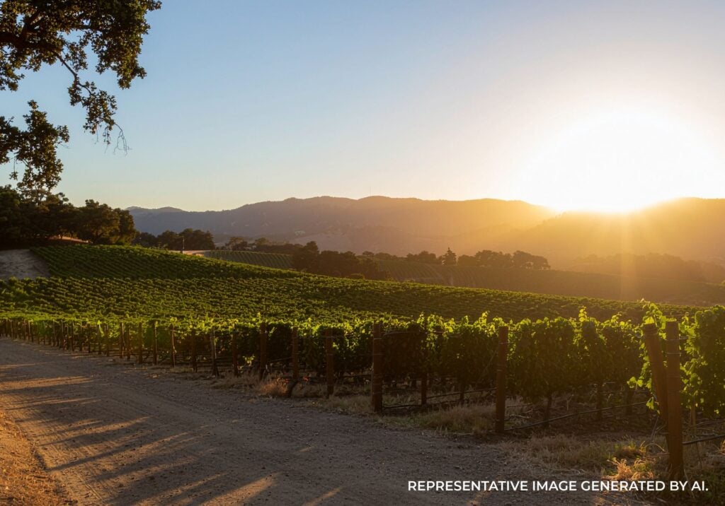 Wide vineyard rows illuminated by sunrise with hills in the distance