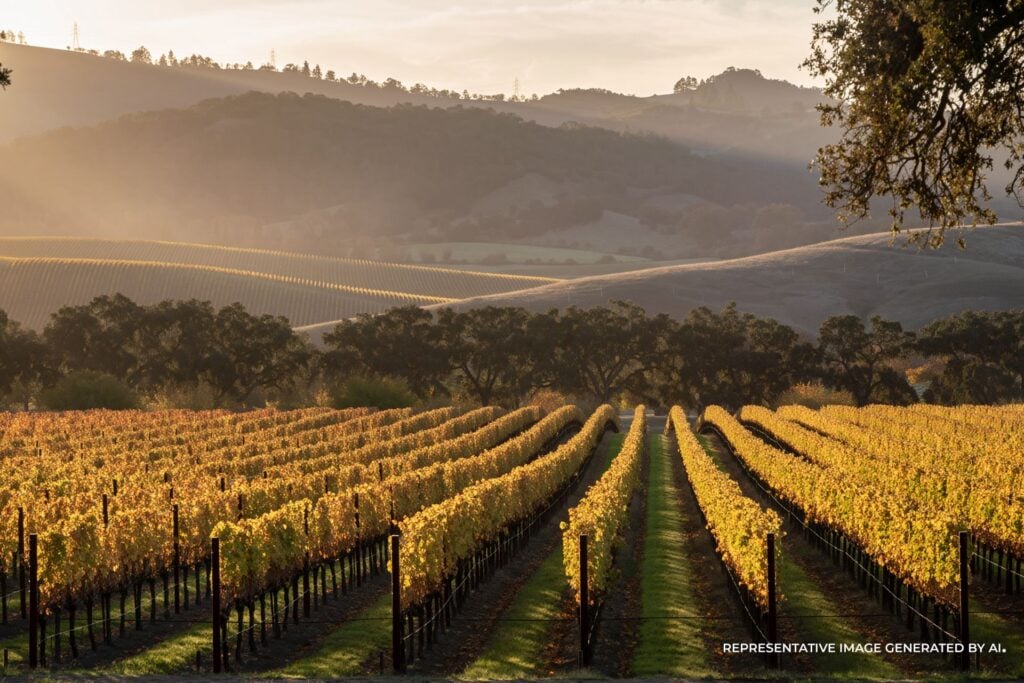 An AI representative photo of Napa Valley vineyards at golden hour, with rows of grapevines glowing under a warm sunset and oak trees framing the horizon in soft golden light.