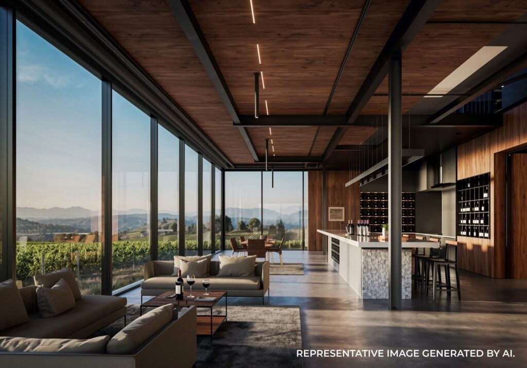 Open air winery tasting room with glass walls and vineyard views