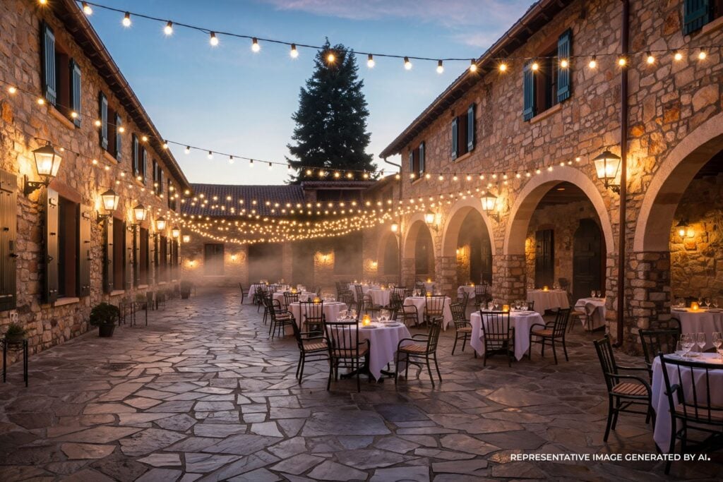 An AI representative photo of an elegant stone winery courtyard in Napa Valley at dusk, with string lights, outdoor tables, and warm romantic lighting.