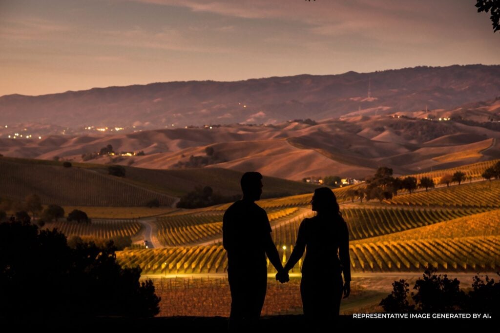 An AI representative photo of a couple silhouetted against the evening sky overlooking Napa Valley vineyards, with rolling hills and twinkling lights below