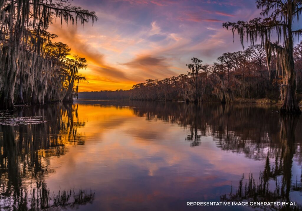Peaceful Louisiana bayou at sunrise with still water and moss-draped trees.