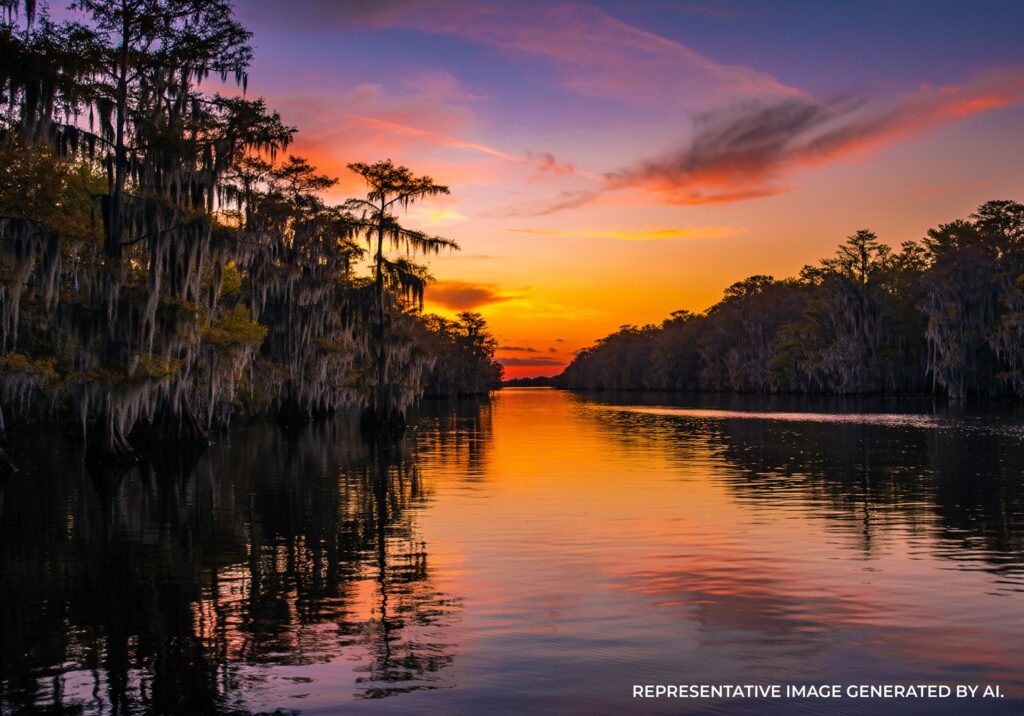 Vibrant Louisiana bayou sunset with glowing orange sky reflecting on calm water.