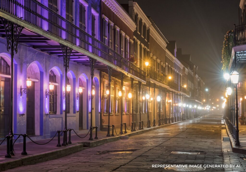 Colorful French Quarter street with glowing neon and historic facades.