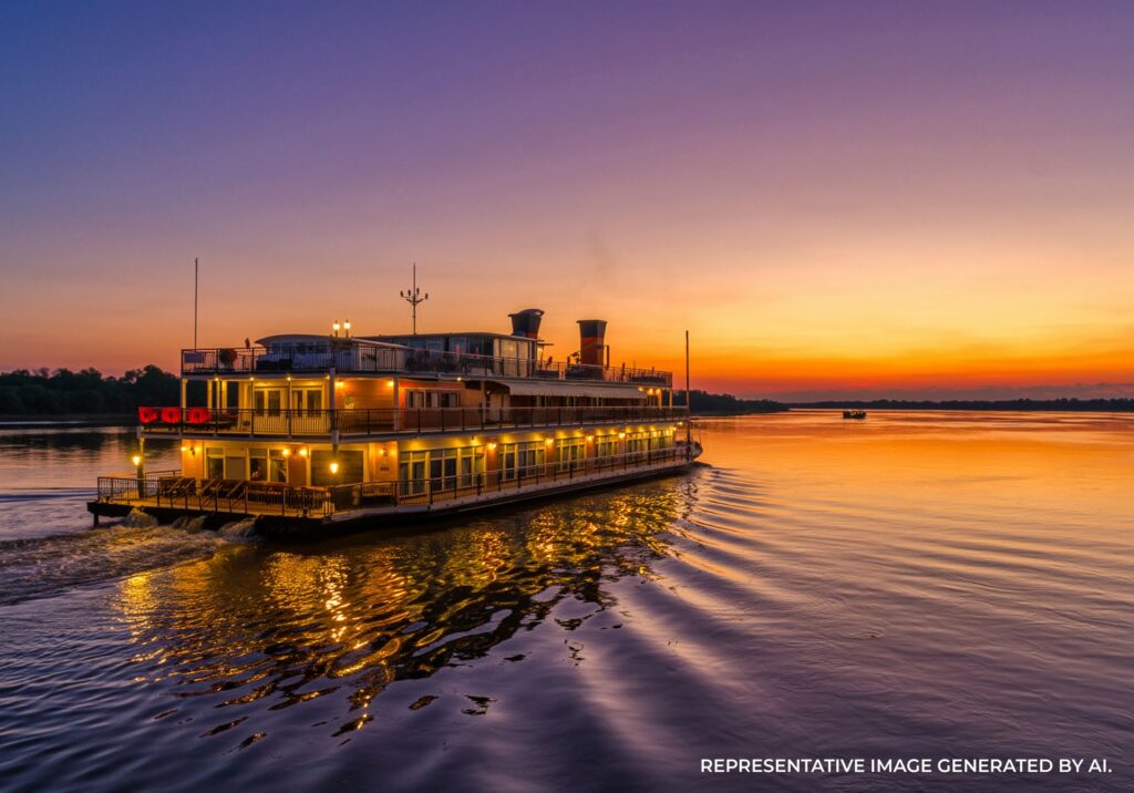 Paddleboat docked at golden hour with quiet harbor reflections.