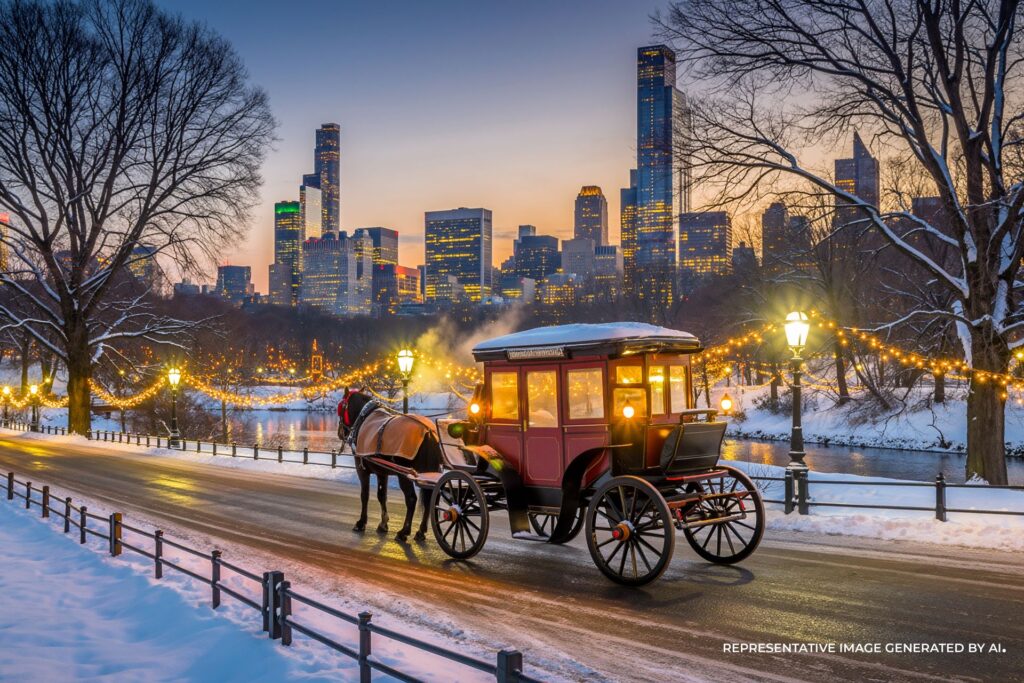 AI representation of a horse-drawn carriage in snowy Central Park at dusk, with festive lights and the Manhattan skyline in the background.
