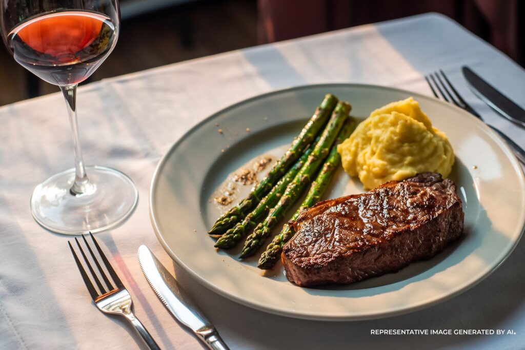 AI representation of a fine-dining restaurant table in New York City with grilled steak, asparagus, mashed potatoes, and a glass of red wine.