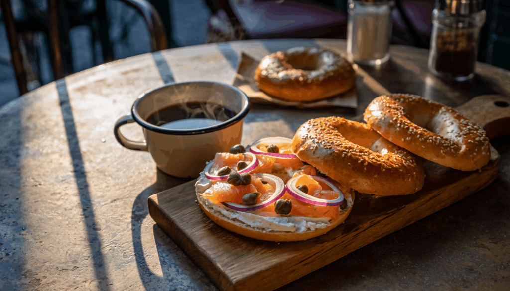 AI representation of a New York café breakfast with a sesame bagel topped with smoked salmon, cream cheese, red onions, and capers beside a cup of coffee.