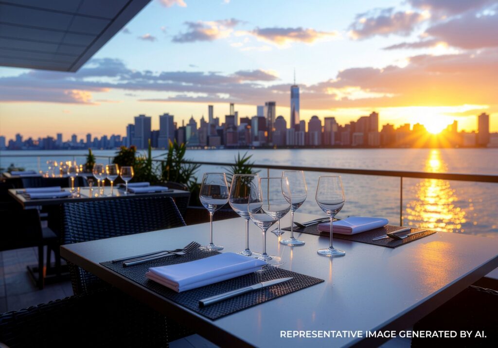 Rooftop restaurant table overlooking the New York City skyline at sunset with wine glasses and city views.