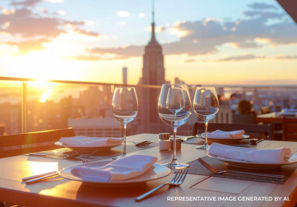 Close-up of a rooftop dining table in New York City with wine glasses and the Empire State Building in the background.
