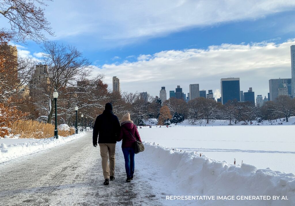 Two people walking through snowy Central Park with the New York City skyline in the background.