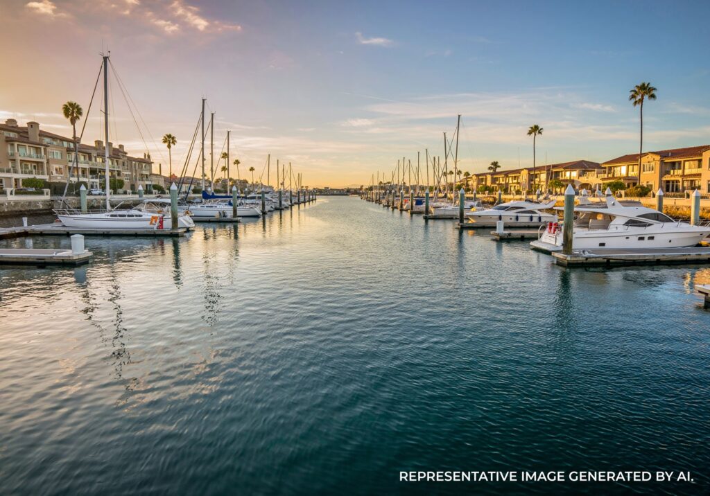 Boats docked in Newport Harbor under golden hour light in Newport Beach, California.