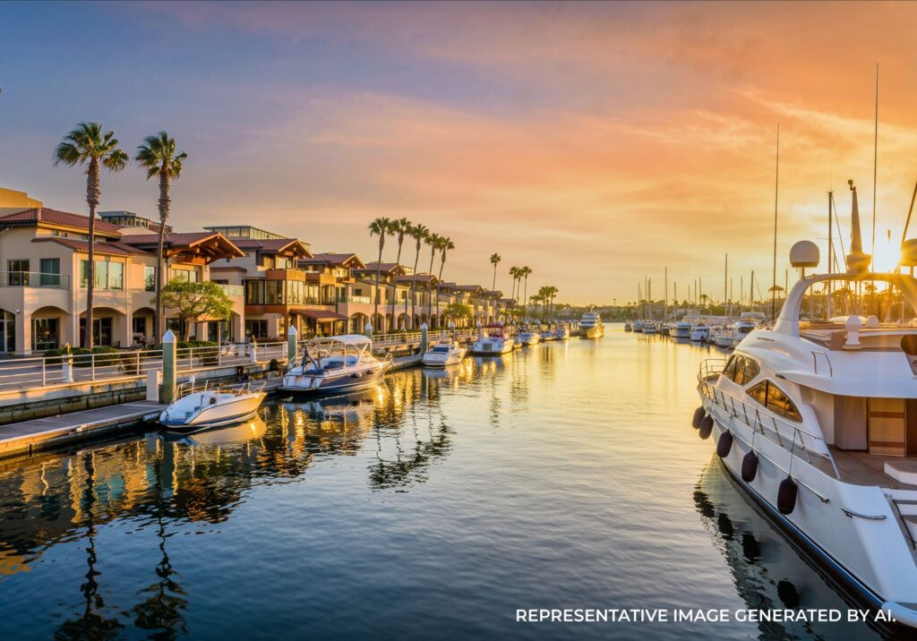 Palm trees and boats along a waterfront marina at sunset in Newport Beach.
