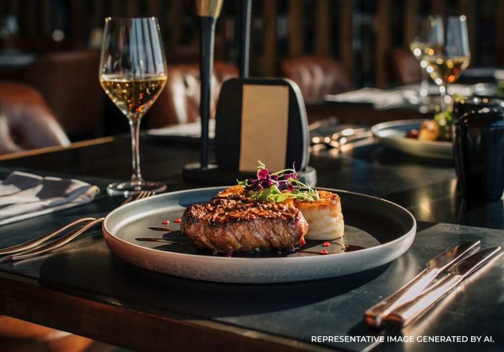 Fine dining steak entrée with wine glass at an upscale Orlando restaurant