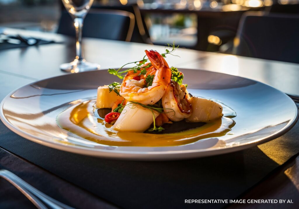 Seafood dish with shrimp and scallops plated at a stylish Orlando restaurant