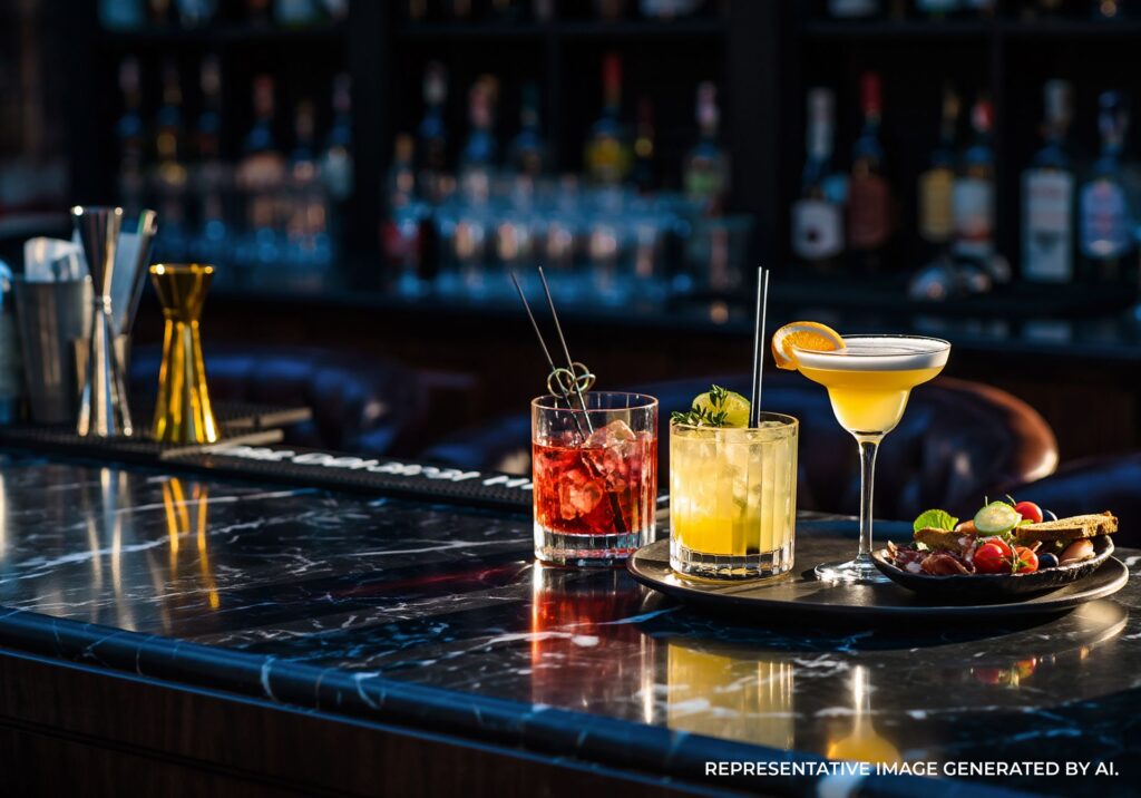 Colorful cocktails and appetizers on a marble bar at an Orlando lounge