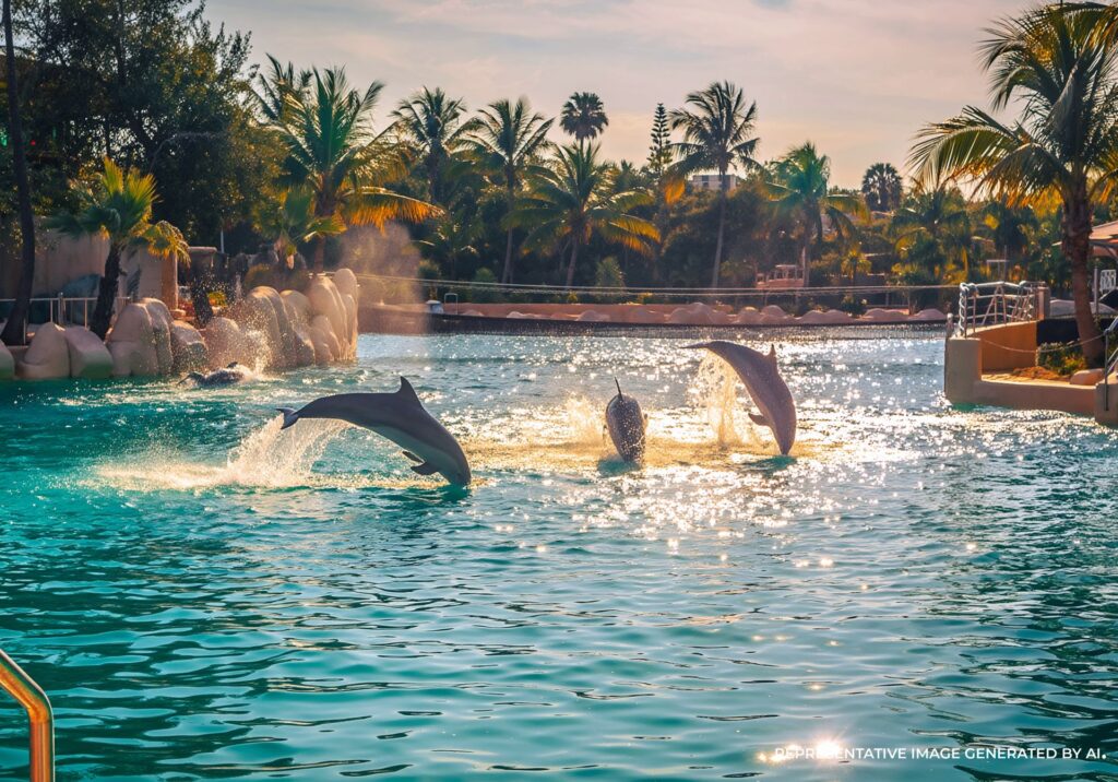 An AI representative photo of a detailed daylight view of dolphins jumping in a theme park style lagoon, surrounded by foliage.