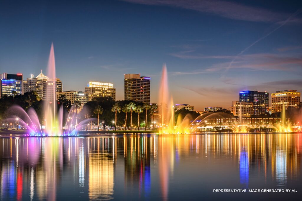 An AI representative photo of a twilight photo of downtown Orlando with glowing city lights, fountains, and reflection.