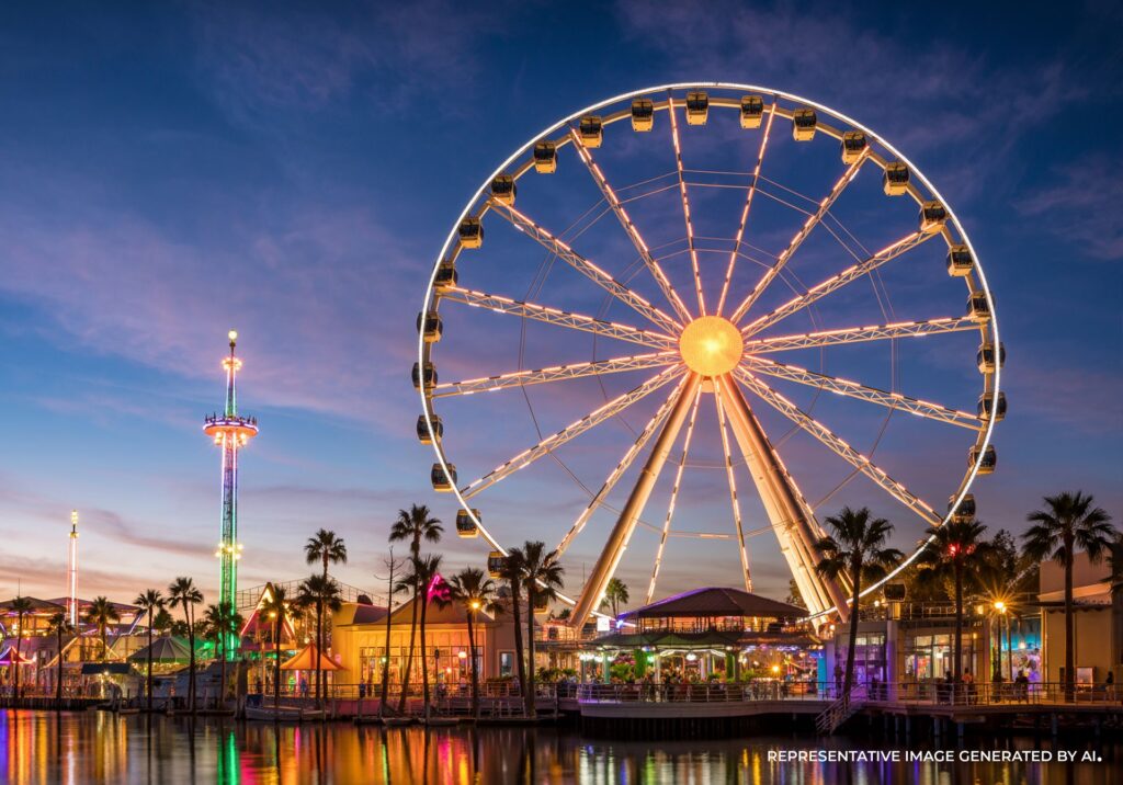 An AI representative photo of a vibrant evening shot of ICON Park Orlando featuring the lit-up Ferris wheel, lights, and reflections in the water.
