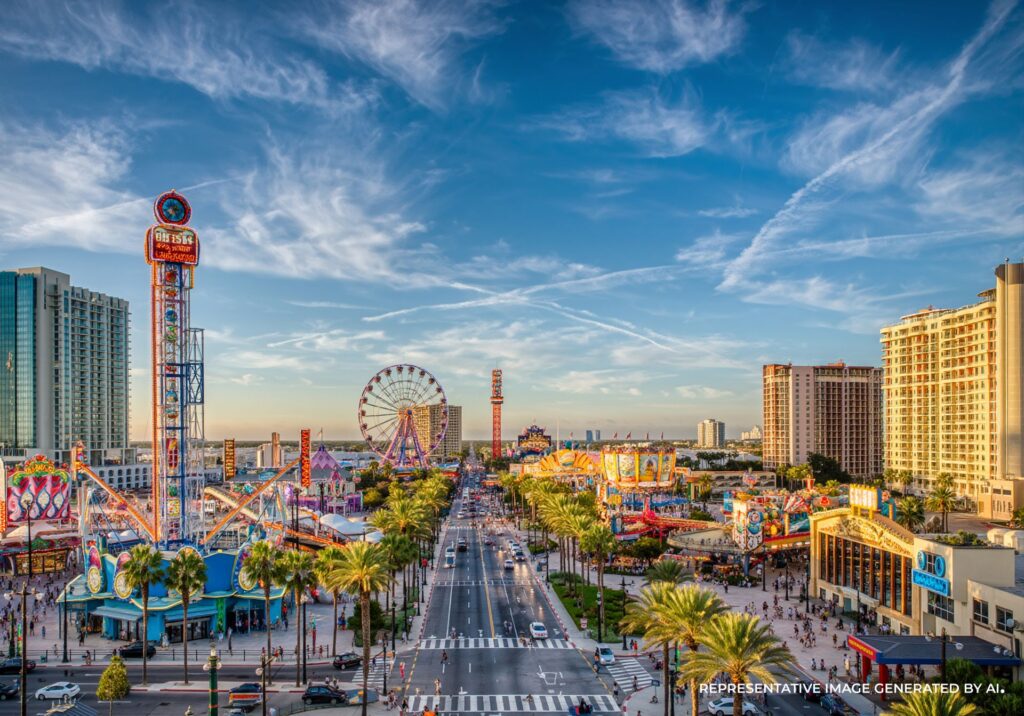 An AI representative photo of a bright photo of International Drive in Orlando with colorful attractions, hotels, and activity.