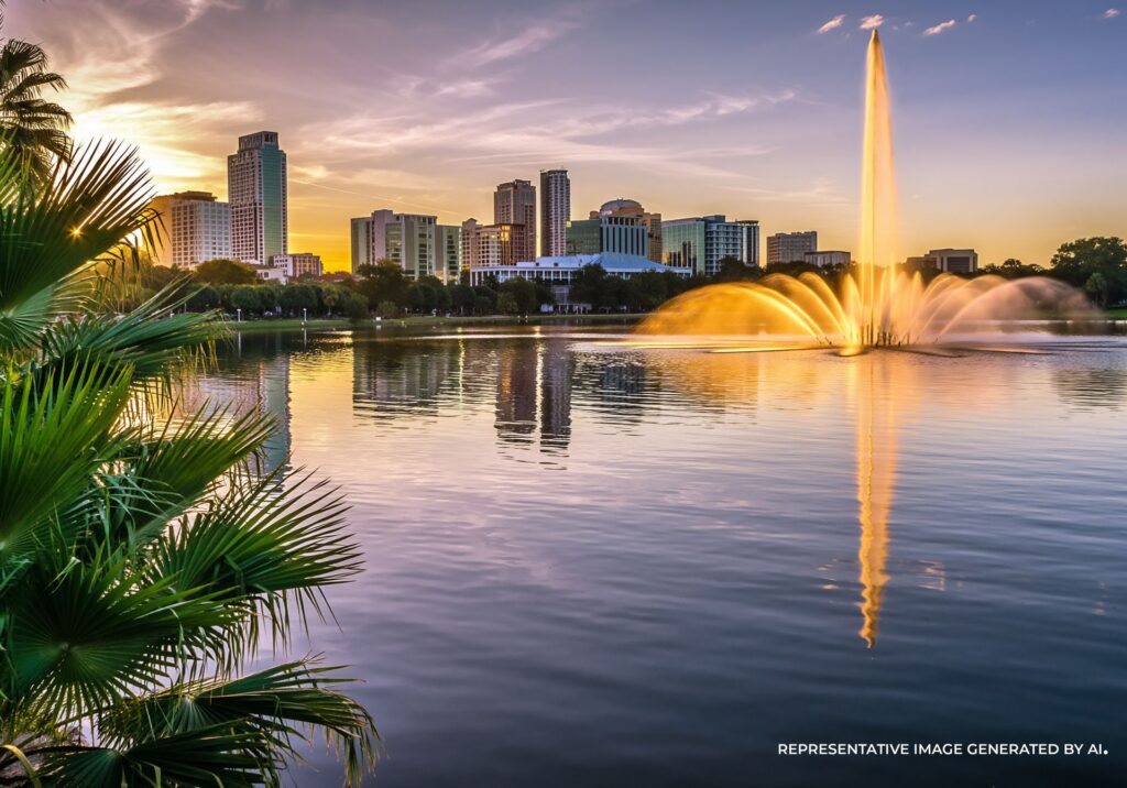 An AI representative high-resolution photo of Lake Eola Park in Orlando at sunset, with a lighted fountain and a palm tree in the front left of the image.