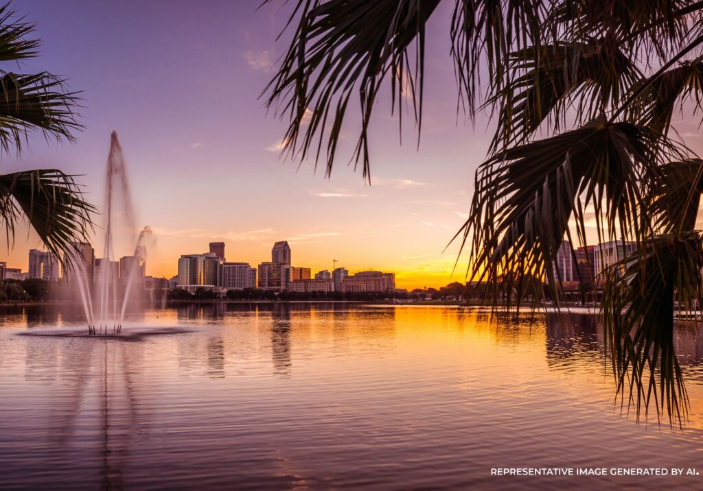 An AI representative high-resolution square photo of Lake Eola Park in Orlando at sunset, with the fountain and soft pink and purple hues and a palm tree branch framing the image.