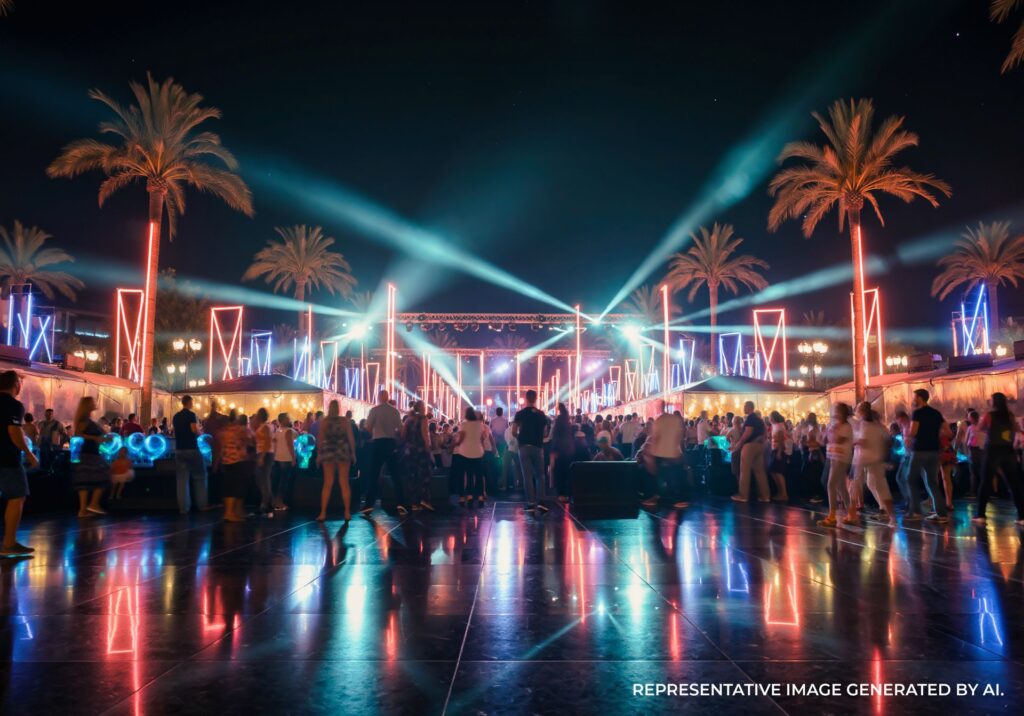Outdoor nightlife event in Orlando with neon lights and a crowd dancing under palm trees