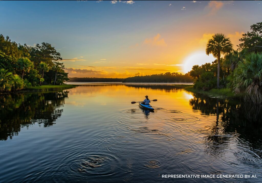 Person kayaking on a calm lake during sunrise surrounded by Florida palm trees and nature.