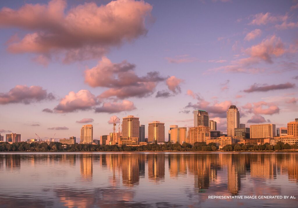 An AI representative photo of a magical golden-hour shot of an Orlando skyline viewed across Lake Eola with pink clouds against a soft light purple sky.