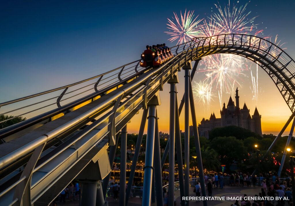 Roller coaster climbing a track at sunset with fireworks over a fantasy style castle in Orlando.