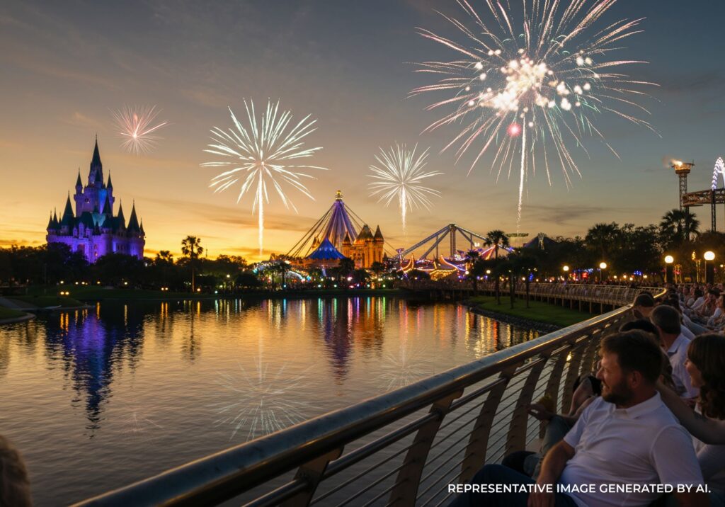 Fireworks over a lake with theme park rides and a castle style attraction in Orlando at sunset.