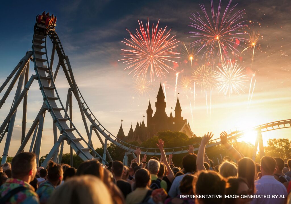 Thrilling roller coaster drop at sunset with fireworks above a castle style theme park in Orlando.