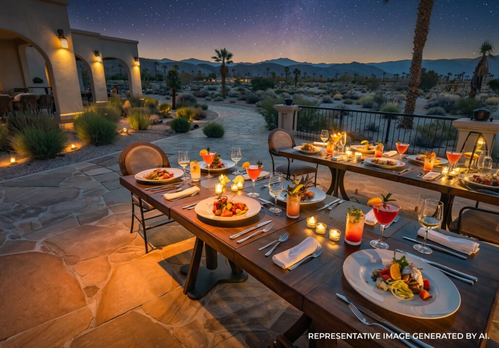 Outdoor poolside dinner table in Palm Springs with cocktails and gourmet plates
