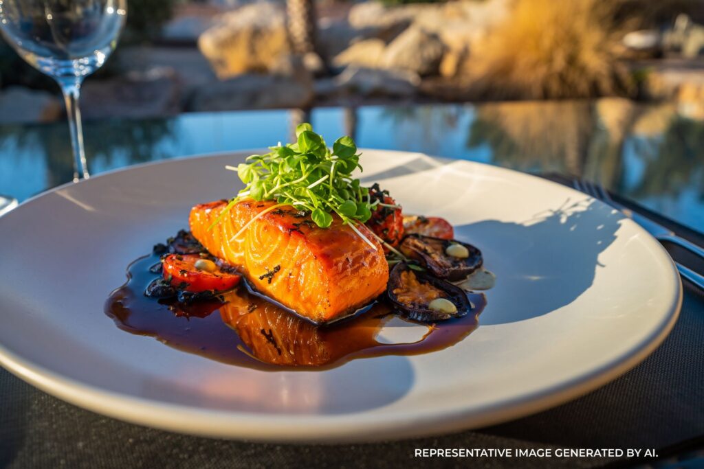 Refined plated dish with seasonal ingredients at a desert resort restaurant.