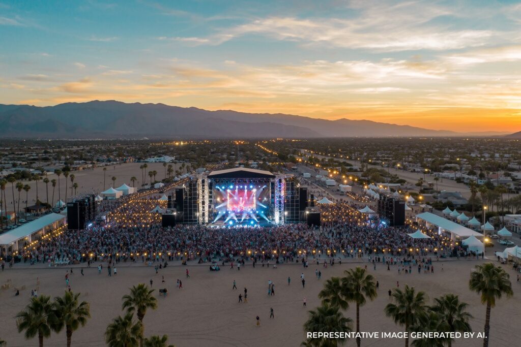 Desert music festival crowd and stage at sunset in Palm Springs.