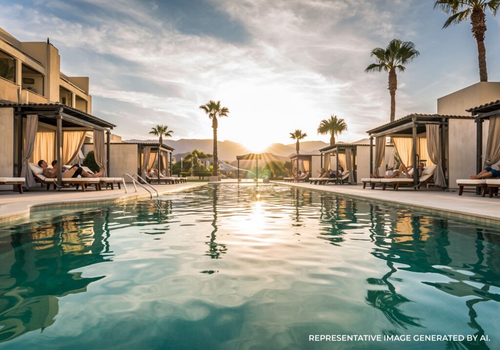 Premium Palm Springs resort pool with palm trees and mountain backdrop.