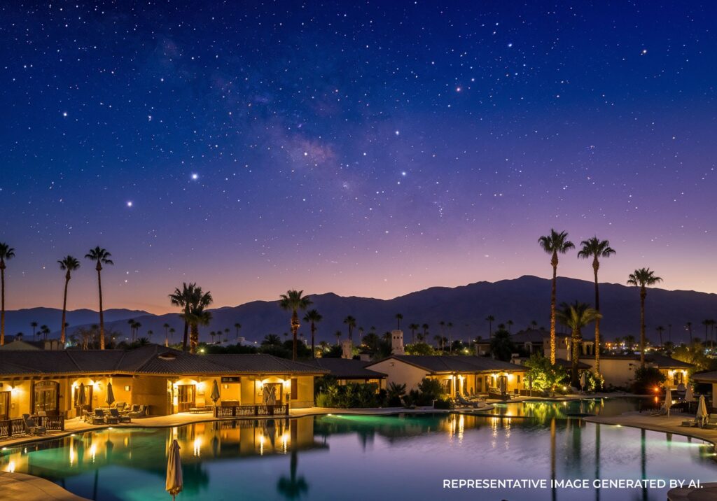 Warmly lit Palm Springs resort pool at twilight.