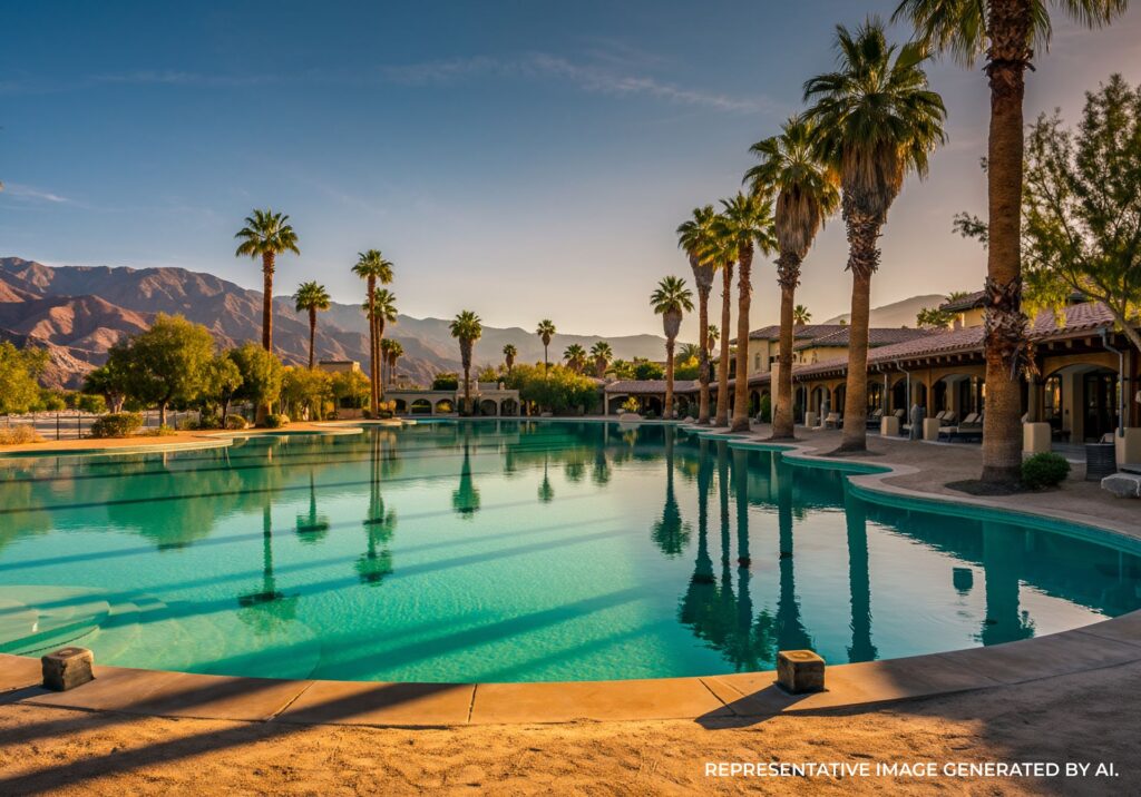 A tranquil water setting surrounded by mature palms and scenic desert terrain. AI generated to illustrate Palm Springs’ oasis-style resort appeal.